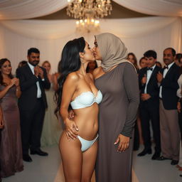 A romantic scene featuring two white-skinned women, one with an hourglass European body type and long hair, wearing a skimpy two-piece bikini with a bandeau top, and the other a chesty 35-year-old Arab Muslim woman wearing a stylish one-shoulder high-neck bikini