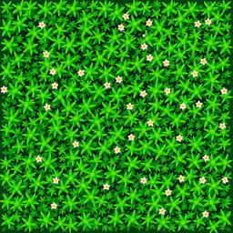 A top-down view of a vibrant pixelated grass field, showcasing a dense patch of lush green grass created with individual pixel elements