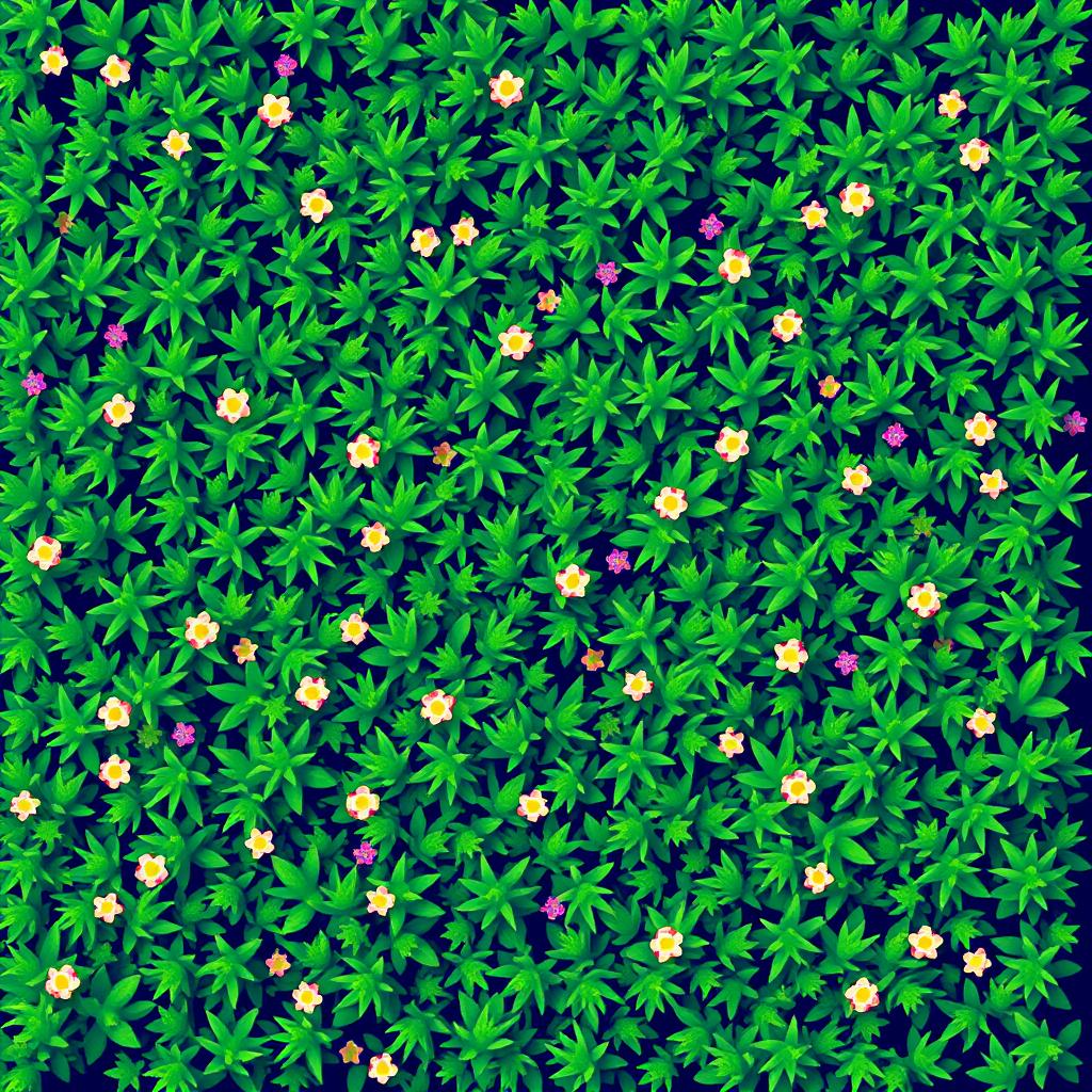 A top-down view of a vibrant pixelated grass field, showcasing a dense patch of lush green grass created with individual pixel elements