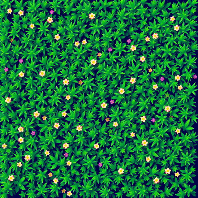 A top-down view of a vibrant pixelated grass field, showcasing a dense patch of lush green grass created with individual pixel elements