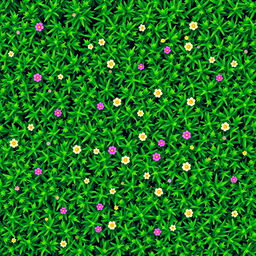 A top-down view of a vibrant pixelated grass field, showcasing a dense patch of lush green grass created with individual pixel elements