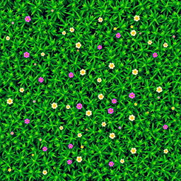 A top-down view of a vibrant pixelated grass field, showcasing a dense patch of lush green grass created with individual pixel elements