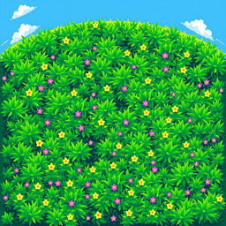 A high-angle top view of a vibrant pixelated grass field, filled with dense patches of lush green grass in various shades of green