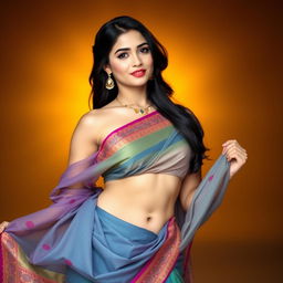 A beautiful young woman wearing a traditional saree that elegantly drapes around her body, showcasing her midriff and navel