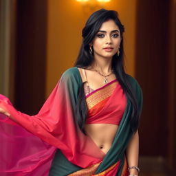 A beautiful young woman wearing a traditional saree that elegantly drapes around her body, showcasing her midriff and navel