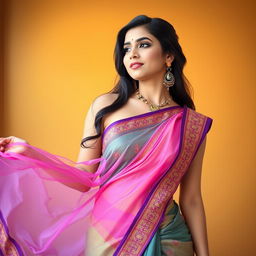 A beautiful young woman wearing a traditional saree that elegantly drapes around her body, showcasing her midriff and navel