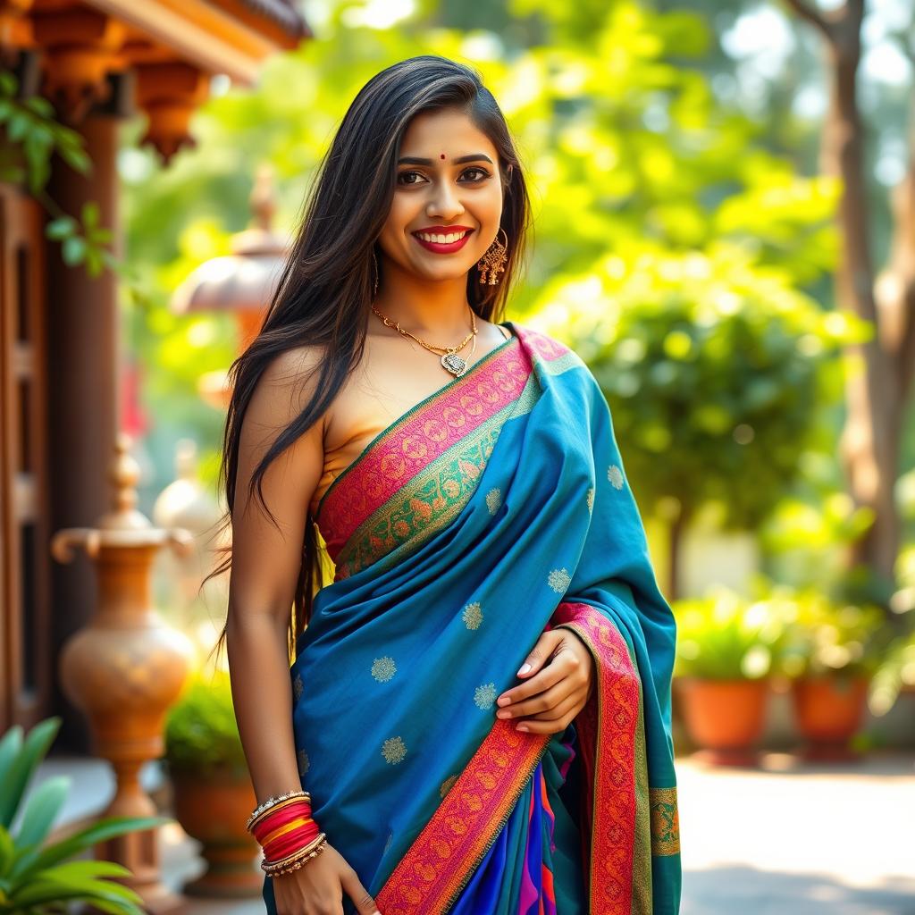 A beautiful Indian girl wearing a colorful saree, elegantly draped, showcasing her sexy navel