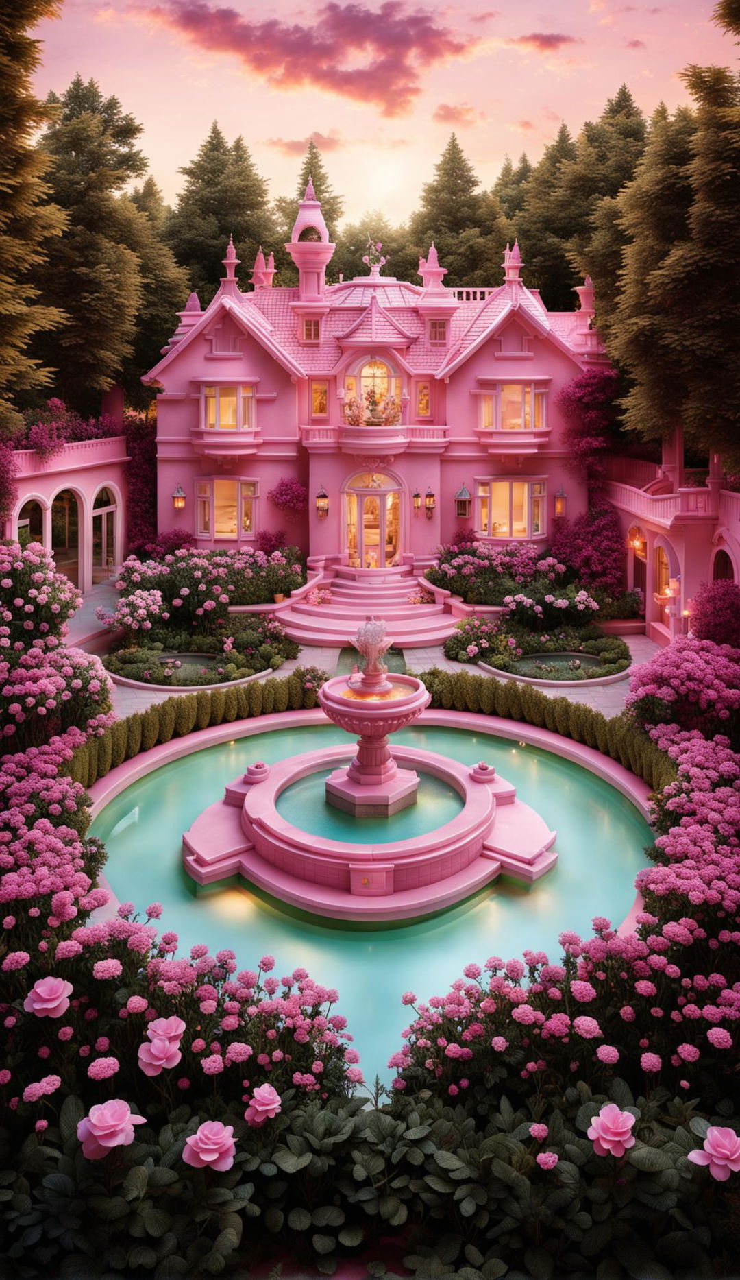 A real-life Barbie Manor in the suburbs, with a circular driveway and a water fountain at its center. Symmetrical floral gardens and hedges surround the house, which is illuminated in various shades of pink under the soft glow of sunrise.