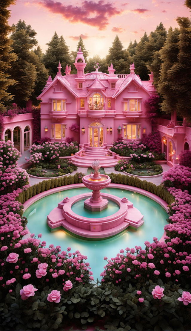 A real-life Barbie Manor in the suburbs, with a circular driveway and a water fountain at its center. Symmetrical floral gardens and hedges surround the house, which is illuminated in various shades of pink under the soft glow of sunrise.