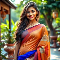 A beautiful Indian girl wearing a colorful saree, elegantly draped, showcasing her sexy navel