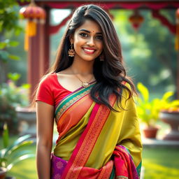 A beautiful Indian girl wearing a colorful saree, elegantly draped, showcasing her sexy navel