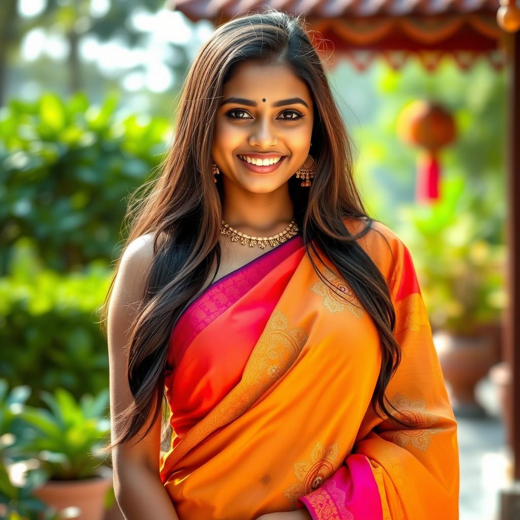 A beautiful Indian girl wearing a colorful saree, elegantly draped, showcasing her sexy navel