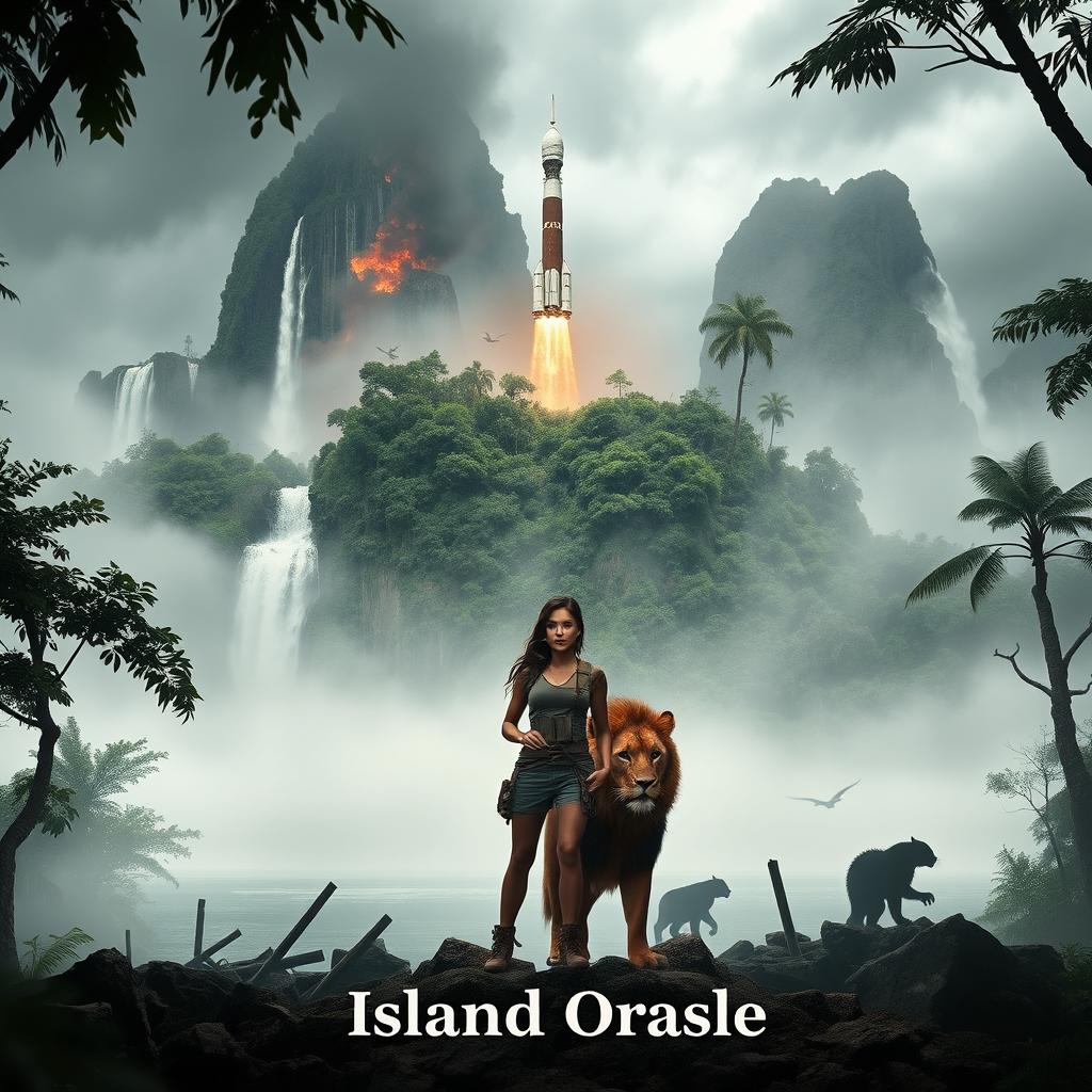 An uncharted island with dense jungle and towering waterfalls, enveloped in mysterious fog