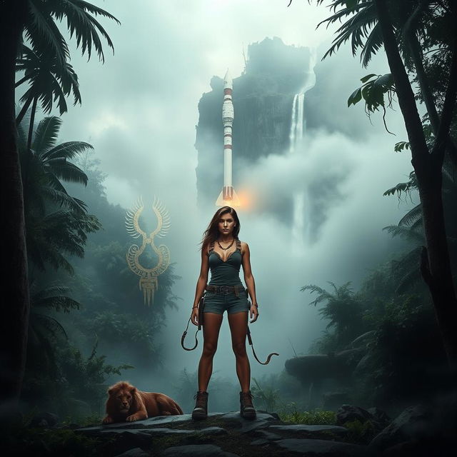 An uncharted island with dense jungle and towering waterfalls, enveloped in mysterious fog