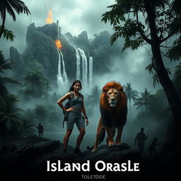 An uncharted island with dense jungle and towering waterfalls, enveloped in mysterious fog