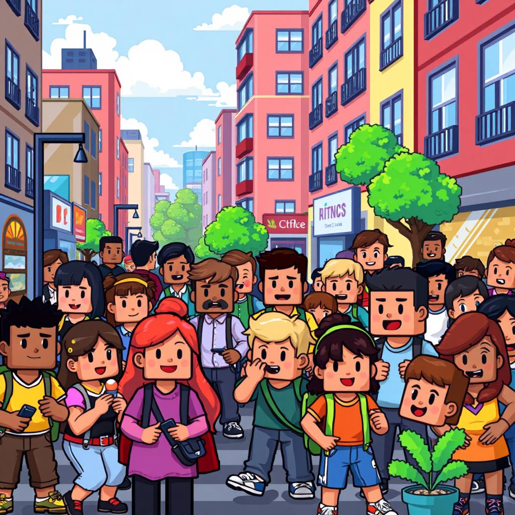 A lively scene depicting pixelated people engaged in various activities in a vibrant pixel art style