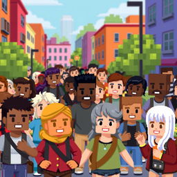 A lively scene depicting pixelated people engaged in various activities in a vibrant pixel art style