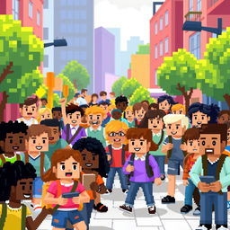 A lively scene depicting pixelated people engaged in various activities in a vibrant pixel art style