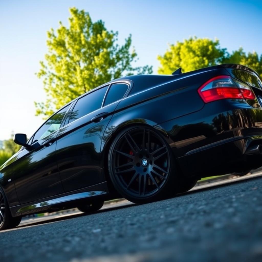 A sleek BMW E90 parked on a scenic street, showcasing its stunning Vossen wheels