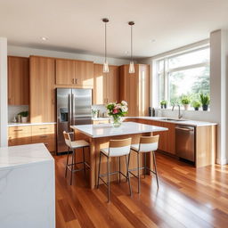 A beautifully designed modern kitchen featuring an island in the center with bar stools, sleek stainless steel appliances, wooden cabinets, and large windows letting in natural light