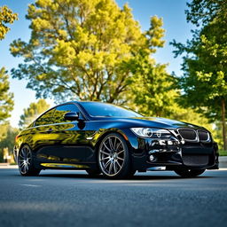 A sleek BMW E90 parked on a scenic street, showcasing its stunning Vossen wheels