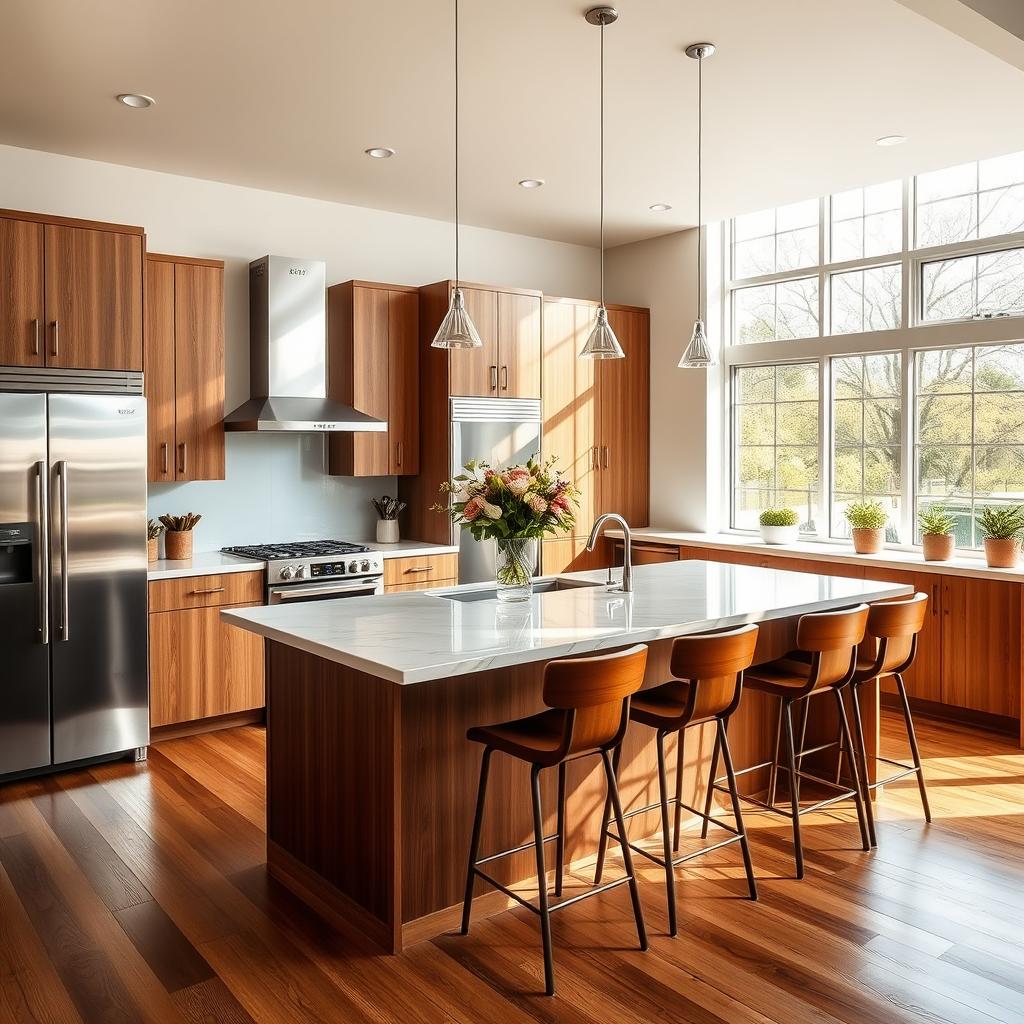 A beautifully designed modern kitchen featuring an island in the center with bar stools, sleek stainless steel appliances, wooden cabinets, and large windows letting in natural light