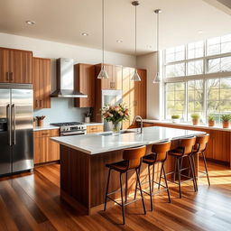 A beautifully designed modern kitchen featuring an island in the center with bar stools, sleek stainless steel appliances, wooden cabinets, and large windows letting in natural light