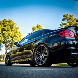 A sleek BMW E90 parked on a scenic street, showcasing its stunning Vossen wheels