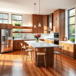 A beautifully designed modern kitchen featuring an island in the center with bar stools, sleek stainless steel appliances, wooden cabinets, and large windows letting in natural light