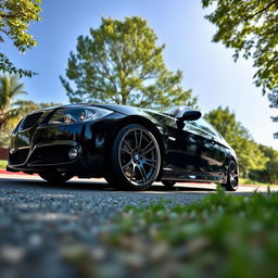 A sleek BMW E90 parked on a scenic street, showcasing its stunning Vossen wheels