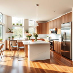 A beautifully designed modern kitchen featuring an island in the center with bar stools, sleek stainless steel appliances, wooden cabinets, and large windows letting in natural light