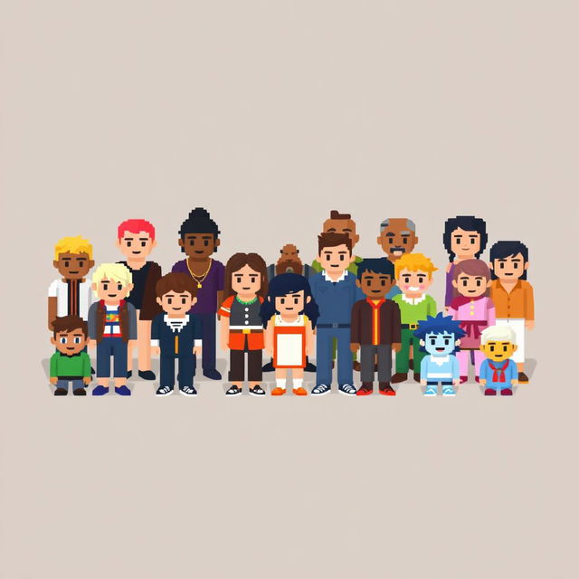 A collection of pixelated people standing on a plain empty background, showcasing a variety of characters with unique pixel designs