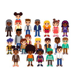 A collection of pixelated people standing on a plain empty background, showcasing a variety of characters with unique pixel designs