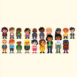 A collection of pixelated people standing on a plain empty background, showcasing a variety of characters with unique pixel designs