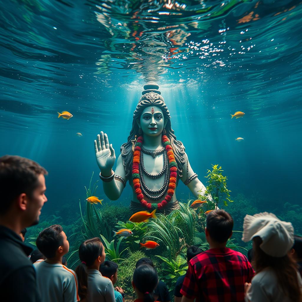 A majestic Shiva statue rising from underwater, surrounded by curious onlookers gazing at it in awe