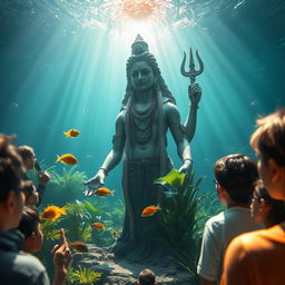 A majestic Shiva statue rising from underwater, surrounded by curious onlookers gazing at it in awe