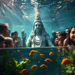 A majestic Shiva statue rising from underwater, surrounded by curious onlookers gazing at it in awe