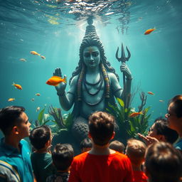 A majestic Shiva statue rising from underwater, surrounded by curious onlookers gazing at it in awe