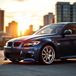 A stunning BMW E90 parked in an urban setting, sporting striking BBS wheels