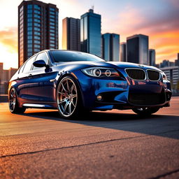 A stunning BMW E90 parked in an urban setting, sporting striking BBS wheels