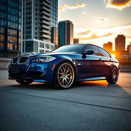 A stunning BMW E90 parked in an urban setting, sporting striking BBS wheels