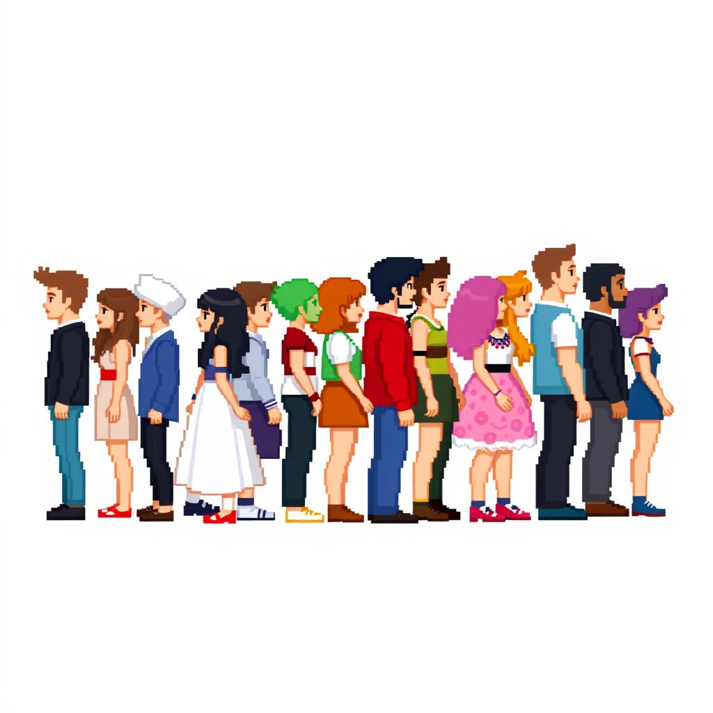 A side view of pixelated people standing on a plain empty background, showcasing a diverse group of characters in a charming pixel art style