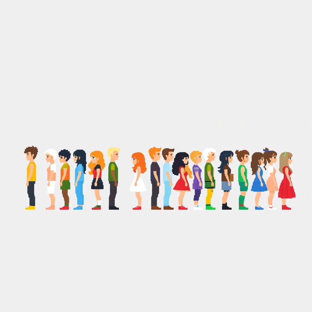 A side view of pixelated people standing on a plain empty background, showcasing a diverse group of characters in a charming pixel art style