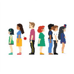 A side view of pixelated people standing on a plain empty background, showcasing a diverse group of characters in a charming pixel art style