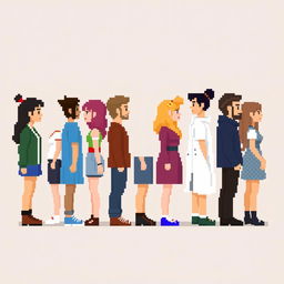 A side view of pixelated people standing on a plain empty background, showcasing a diverse group of characters in a charming pixel art style