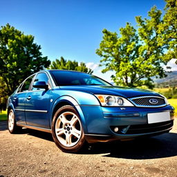 A pristine 2004 Ford Mondeo parked in a scenic outdoor setting, showcasing its sleek design and elegant contours