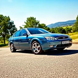 A pristine 2004 Ford Mondeo parked in a scenic outdoor setting, showcasing its sleek design and elegant contours