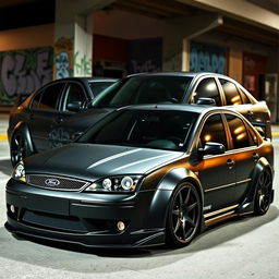 A modified 2004 Ford Mondeo with extensive tuning enhancements, showcasing its aggressive stance and sporty features