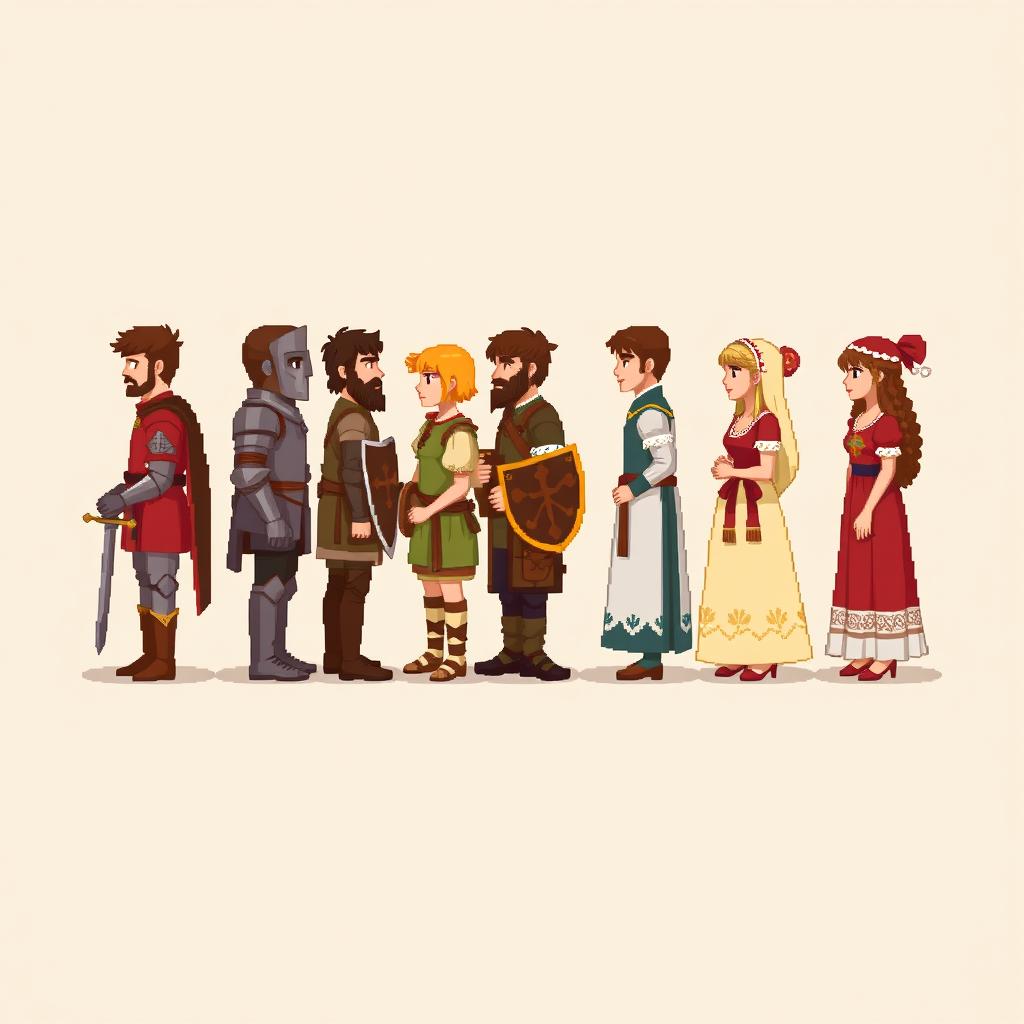 A side view of pixelated people depicted in a medieval style, standing against a plain empty background