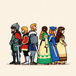 A side view of pixelated people depicted in a medieval style, standing against a plain empty background